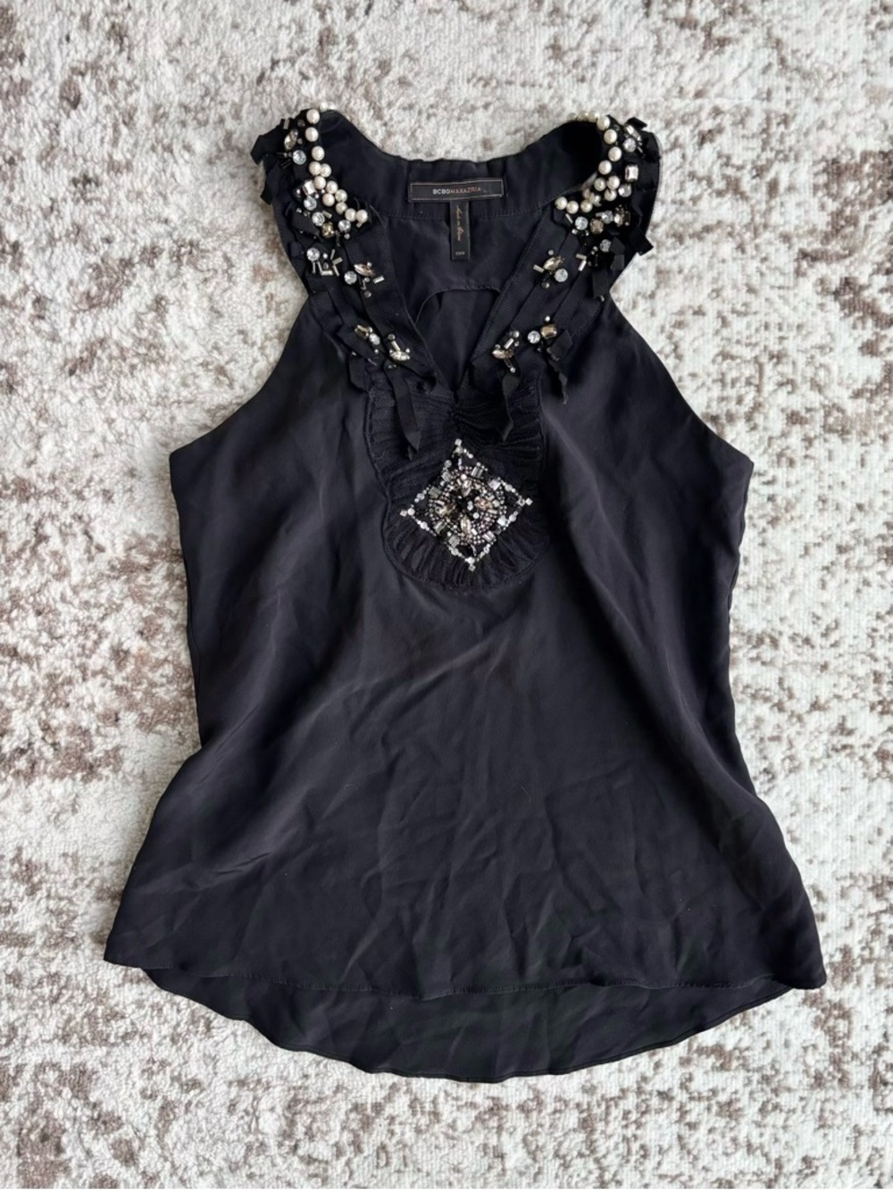 BCBGMaxAzria 100% Silk Black Beaded Pearl Rhinestone Sleeveless V-Neck Top